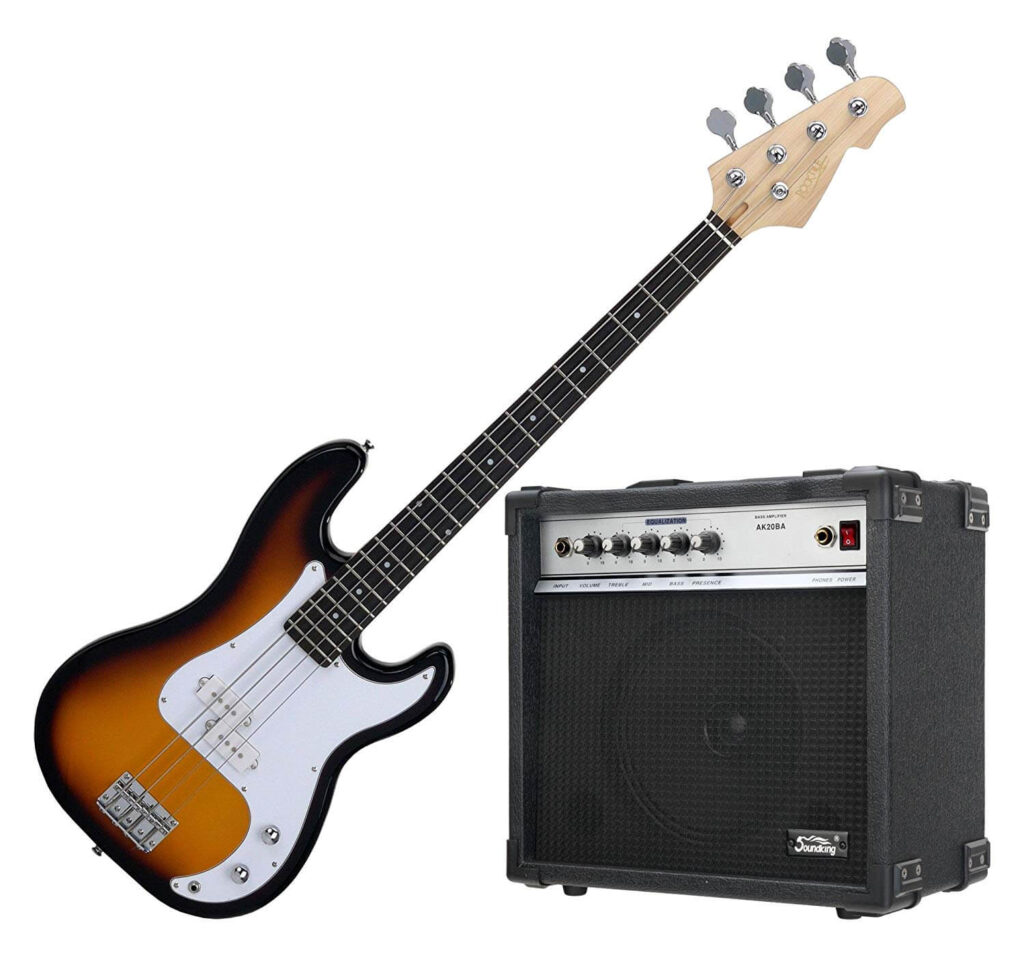 Rocktile Punsher basso elettrico (nero), incluso amplificatore Soundking sunburst